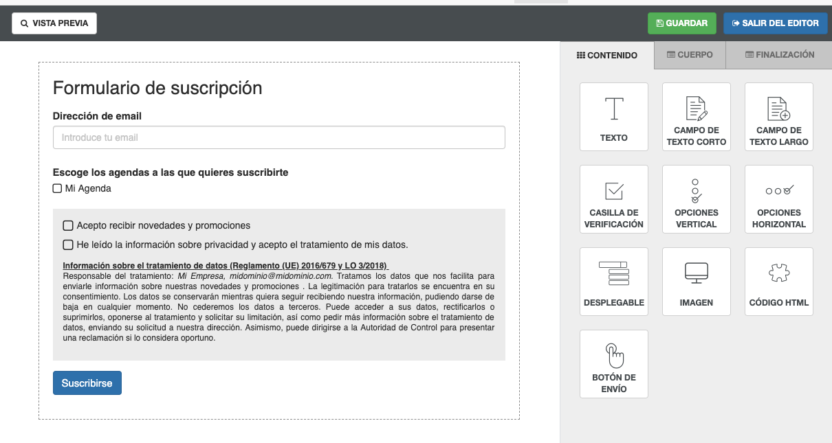 Puedes escoger las agendas a las que se suscribirán quien complete el formulario - Mensagia